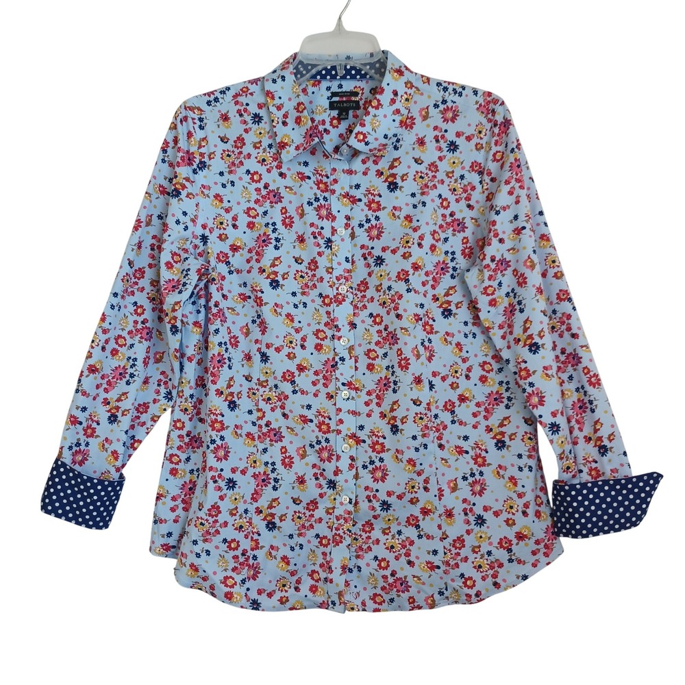 Talbots‎ Womens Blue Floral Non-Iron Button Down Shirt Polka Dot Trim Size 12